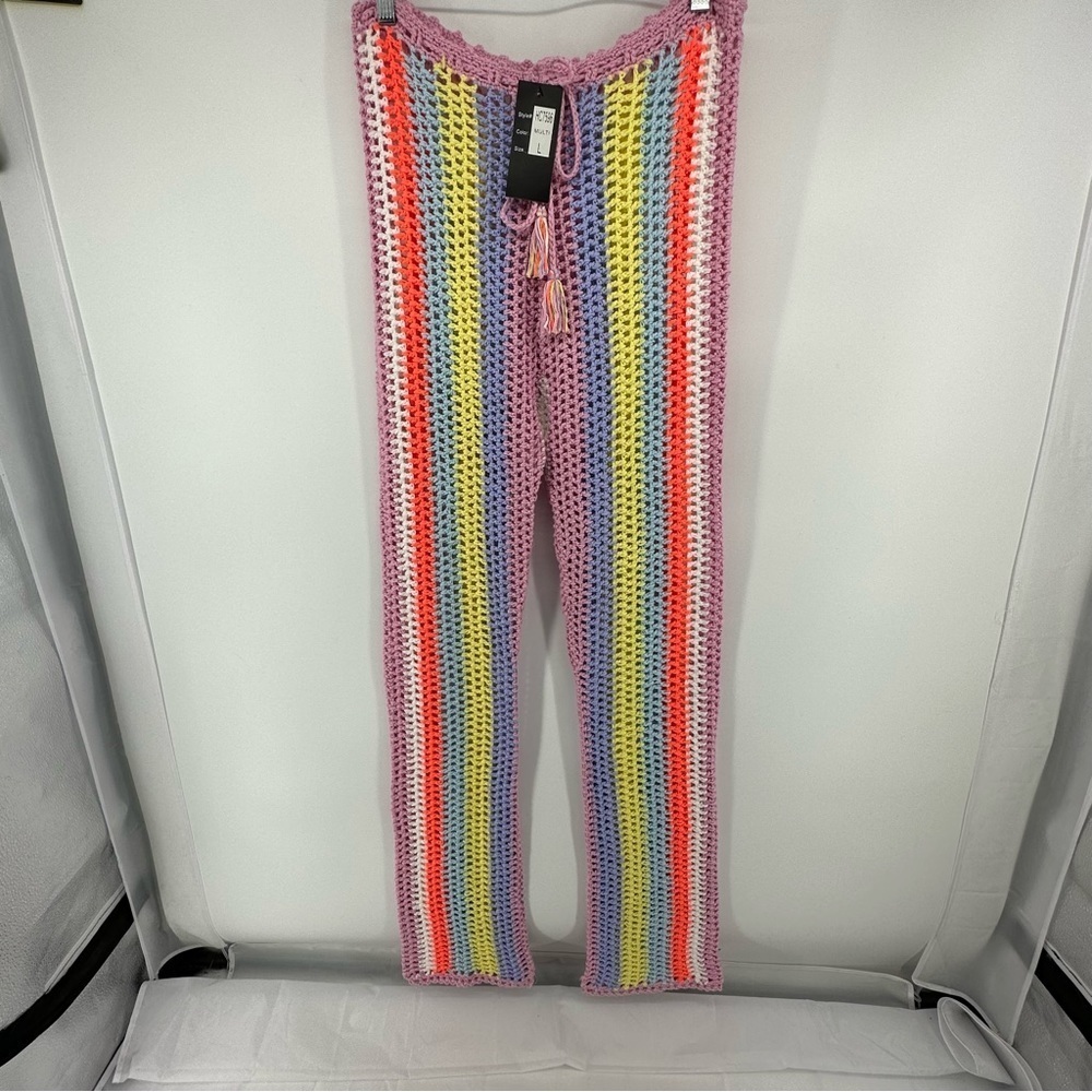 Hot & Delicious Sz Large Rainbow Crotchet‎ Granny Knit Pants NWT Boho